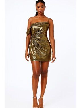 Ieena Mac Duggal Metallic One Shoulder Ruched Mini Dress Size M